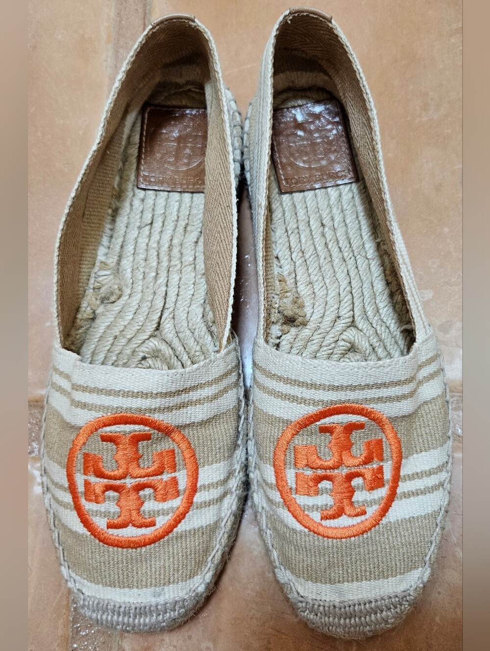 Tory Burch Beige/Tan-Striped Canvas Espadrilles with Orange Logo - Sz. 8 US